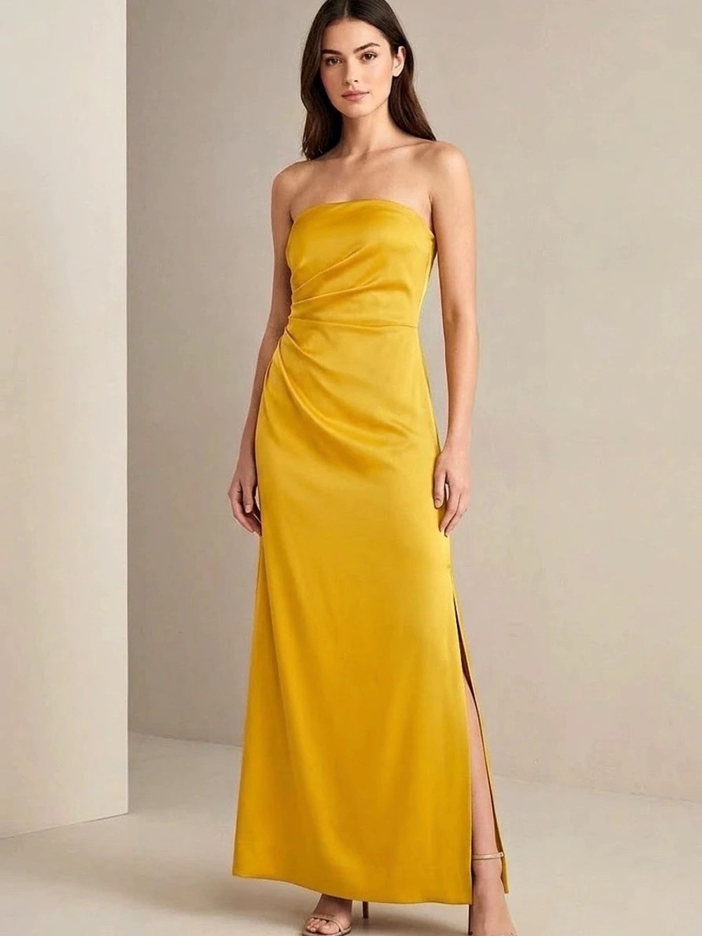Zara Yellow Strapless Ruched Side Slit Gown Long Maxi Dress Womens Size S